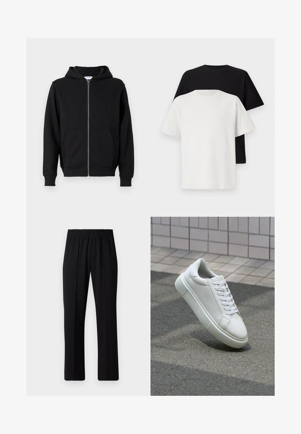 Juodas zip-up džemperis, pagamintas iš minkštos medžiagos, su priekiniais zipais, dviem didelėm kišenėm ir su raišteliu reguliuojama kapuce. Klasikinis, paprastas dizainas.; Medvilniniai marškiniai, kuriuos sudaro juodas ir baltas marškinėliai, abu su trumpomis rankovėmis, apvaliu iškirpimu ir standartiniu sijonu. Tekstūruota medžiaga.; Juodos, elastingos juosmens kelnės su tiesiomis kojomis, turinčios lygų paviršių ir be matomų raštų ar detalių.; Balti odiniai sportbačiai su lygiu paviršiumi, apvalia nosimi ir plokščiomis baltomis raištelėmis. Yra tekstūruotas gumos padas ir minimalizmas dizaino elementuose.