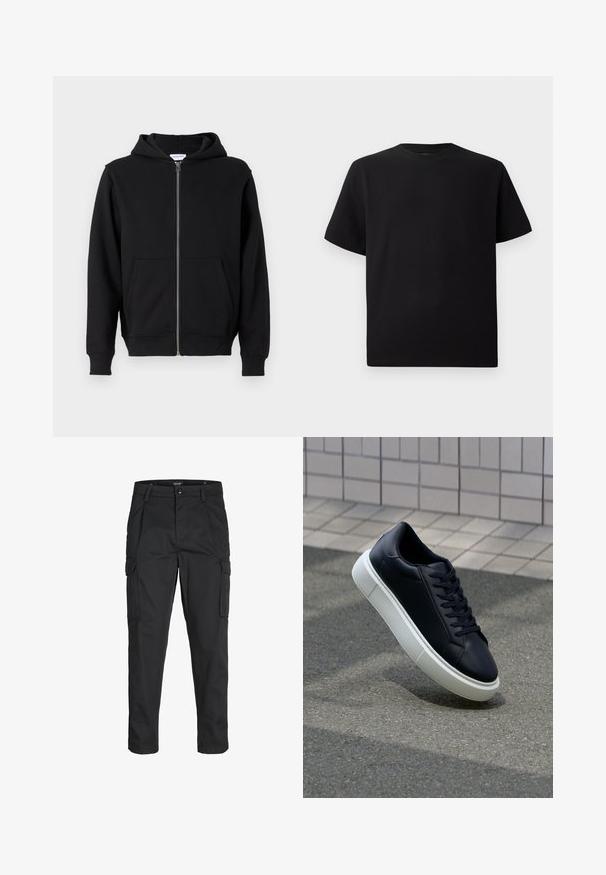 Felpa nera con zip realizzata in tessuto morbido, dotata di zip frontale, due ampie tasche e cappuccio regolabile con cordino. Design classico e semplice.; T-shirt corto nero a maniche corte realizzato in tessuto testurizzato, con scollatura rotonda e vestibilità comoda. Semplice, senza motivi o dettagli.; Pantaloni cargo neri realizzati in un tessuto resistente, dotati di molteplici tasche, chiusura con bottone e un design aderente con gambe affusolate.; Sneaker in pelle nera con punta arrotondata e suola in gomma bianca. Presenta lacci piatti e cuciture minime sulla parte superiore. Suola testurizzata per una migliore aderenza.