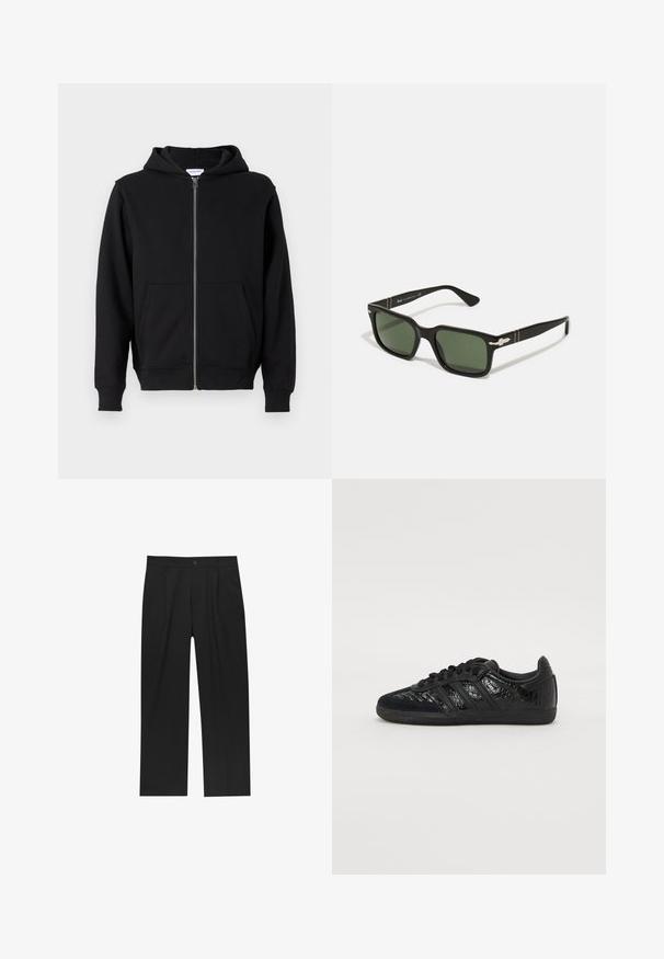 Zwarte hoodie met ritssluiting gemaakt van zachte stof, met een vooraan een ritssluiting, twee grote zakken en een capuchon met trekkoord. Klassiek, eenvoudig ontwerp.; Witte katoenen t-shirt met korte mouwen, ronde halslijn en recht gesneden. Gladde textuur zonder zichtbare patronen of accenten.; Zwarte broeken met een recht model, gemaakt van een gladde stof. Voorzien van een voorplooien en een enkele knoopsluiting bij de taille.; Zwarte sportieve schoen met een mix van glad synthetisch en gestructureerd materiaal, voorzien van drie zwarte strepen en een rubberen zool.; Zwarte rechthoekige zonnebril met groene lenzen. Heeft een subtiele zilveren accent op het frame, een gematteerde textuurafwerking en rechte pootjes.