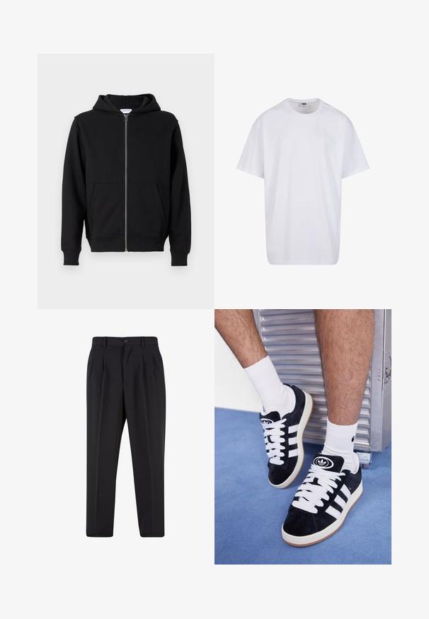 Črna zip-up kapuca iz mehkega blaga, ki ima sprednji zadrgo, dve veliki žep in kapuco z vrvico. Klasična, preprosta zasnova.; Bela bombažna majica s kratkimi rokavi, okroglim izrezom, sproščenim krojem in brez vidnih logotipov ali vzorcev. Gladka tekstura in minimalen dizajn.; Črne hlače z nabranim sprednjim delom, narejene iz gladkega materiala. Imajo gumbasto zapiranje in zanke za pas; ravne hlačnice.; Črne semiš teniske z belimi vezalkami in tremi belimi črtami. Imajo okroglo črno oznako na jezičku in gumijast podplat.