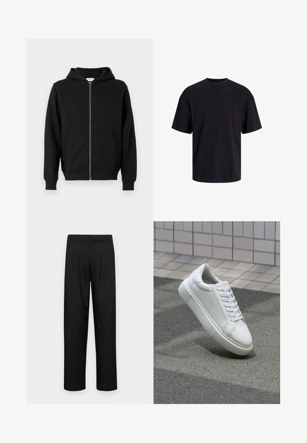 Must mustriga kapuutsiga ja pehme kanga materjalist must kapuutsiga jakke, millel on eesne lukuga tõmblukk, kaks suurt taskut ja reguleeritav kapuuts. Klassikaline ja lihtne disain.; Must must on mustre, lühikeste varrukatega ja vabalt langev. Sile tekstuur ja ilma nähtavate mustrite või aktsentideta.; Mustad mustadest riietest, millel on sirge jalgade disain, kaks eesmist voltimist ja tavaline vöökoht, millel on vöökohad.; Valge nahkline sneka, millel on sile pind, ümar varvas ja lame valge pael. Omab tekstuuriga kummist talla ja minimaalset kujunduselementi.