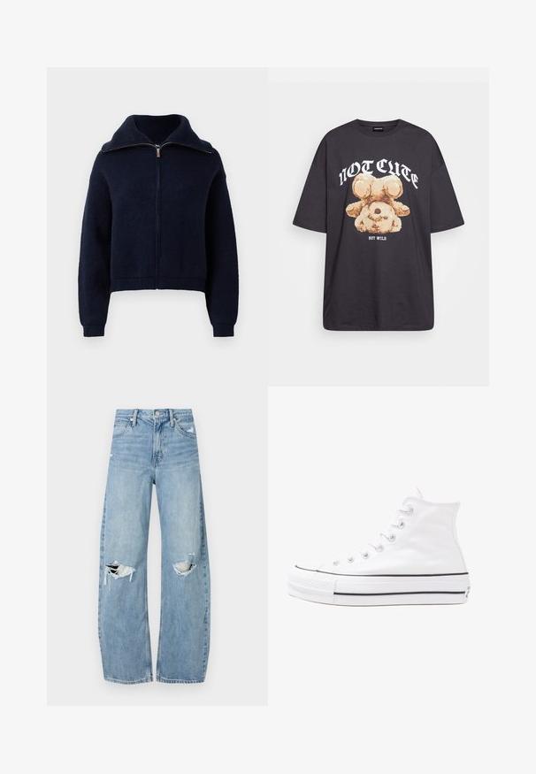 Tengerészkék cipzáras pulóver magas gallérral, hosszú ujjakkal és bordázott mandzsettával és aljjal fehér háttér előtt.; Fekete, oversized póló, rajta egy medvével és a "NEM CUKI, HANEM FÉKTELEN" felirattal vastag, fehér betűkkel. Pamut anyag.; Világoskék, magas derekú farmernadrág. Széles lábakkal, két szakadt térddel és klasszikus öt zsebes dizájnnal rendelkezik.; Fehér magaskorsó vászon sportcipő fekete gumi talppal, elülső gumi orrnyereggel és hat fűzőlyukkal, letisztult, minimalista dizájnnal.