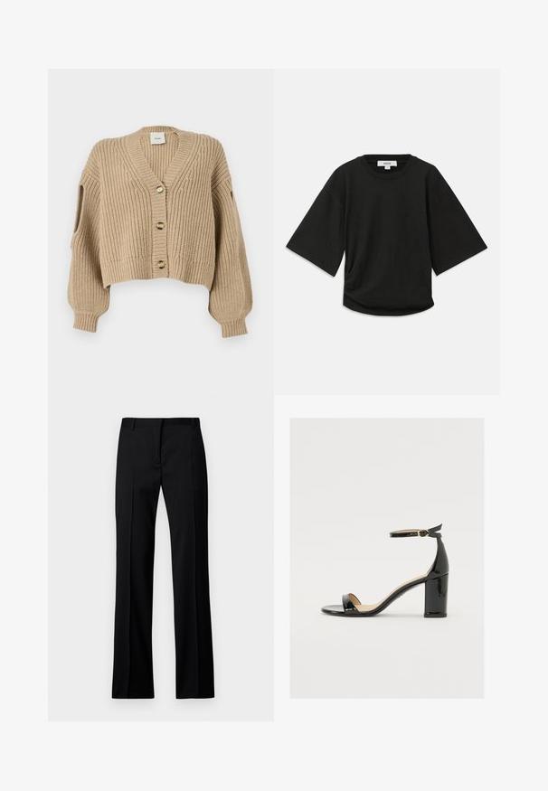 Krémszínű, V-kivágású, gombos, cropped hosszúságú kötött kardigán, lecsúszott vállakkal. Strukturált anyag ribbelt mintával és nyitott ujjal.; Fekete, rövid ujjú póló puha pamutból, lekerekített nyakkal és laza szabással, oldalán finom ráncolással.; Fekete, sima anyagú, egyenes szárú nadrág, lapos elülső résszel, övhurkokkal, és látható zsebek vagy díszítések nélkül.; Fekete lakkbőr szandál széles sarokkal, nyitott orral és bokapánttal, amelyen arany csat található. Sima felület és elegáns dizájn.