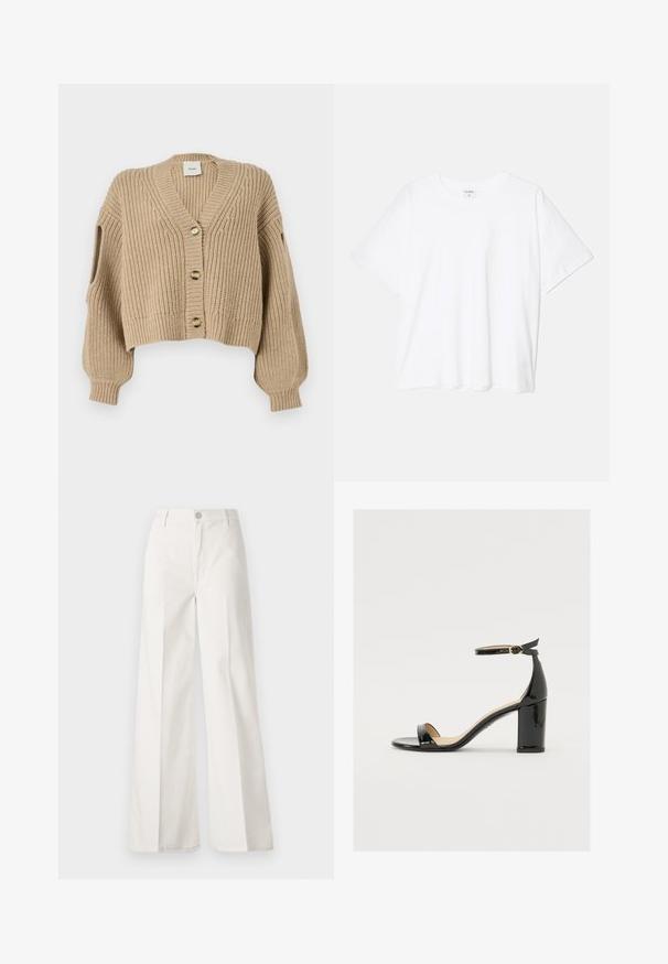 Šviesiai ruda megzta kardiganas su V formos iškirpte, priekyje mygtukais, trumpu ilgumu ir nuleistais pečiais. Textūruotas audinys su griovelių raštu ir atviromis rankovėmis.; Balta medvilnės marškinėliai trumpomis rankovėmis, apvalia iškirpte, laisvo kirpimo ir su siūtu kraštu. Etiketė matoma vidinėje iškirptės pusėje.; Balti platūs baltos spalvos keliai, pagaminti iš medvilnės su lygiu paviršiumi. Yra priekinis mygtukas, užtrauktukas ir keturi kišenės.; Juodas lakinės odos sandalai su plačiu kulnu, atvira koja ir kulkšnies juostele, turinčia auksinę sagtį. Lygi tekstūra ir elegantiškas dizainas.