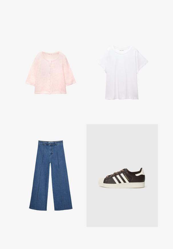 Rosa Kurzarm-Cardigan aus weichem, flauschigem Stoff. Rundhalsausschnitt, Knopfverschluss auf der Vorderseite und Rippdetails am Saum.; Weißes T-Shirt aus weichem, leichtem Stoff. Mit runder Halslinie und kurzen, weit geschnittenen Ärmeln für einen lässigen Sitz. Keine sichtbaren Muster.; Weite Jeans aus Denim in Mittelblau, mit hoher Taille, Knopfverschluss und kontrastierenden vertikalen Nahtdetails an der Vorderseite.; Low-Top Adidas Superstar Sneaker aus dunkelbraunem Leder mit cremefarbener Schale an der Spitze, weißen Streifen und dem Schriftzug "Superstar" an der Seite.