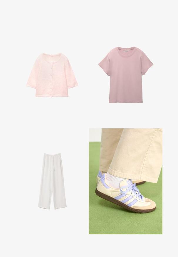 Růžový kardigan s krátkým rukávem z měkké, nadýchané tkaniny. Kulatý výstřih, zapínání na knoflíky vpředu a žebrovaný lem.; Světle růžové tričko s krátkým rukávem vyrobené z hladkého bavlněného materiálu. Má kulatý výstřih a volný střih s rovnou spodní linií.; Bílé široké kalhoty vyrobené z lehké tkaniny. Mají elastický pas se šňůrkou a boční kapsy. Hladká textura.; Krémové a levandulové tenisky se třemi pruhy a texturovanou hnědou podrážkou, vybavené tkaničkami a polstrovanou patou. Měkký textilní svršek.