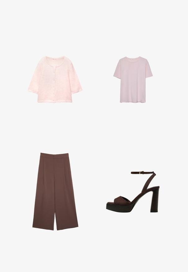 Ružový krátky sveter s krátkym rukávom vyrobený z mäkkej, nadýchanej látky. Okrúhly výstrih, zapínanie na gombíky vpredu a rebrovaný lem.; Svetloružové bavlnené tričko s krátkymi rukávmi, okrúhlym výstrihom a voľným strihom. Hladká textúra a jednoduchý dizajn, bez ďalších vzorov alebo akcentov.; Hnedé nohavice so širokými nohavicami a hladkou textúrou, s vysokým pásom a prednými skladmi. Tkanina je ľahká a voľne sa pohybuje.; Hnedé semišové sandále na vysokom podpätku s otvorenou špičkou, nastaviteľným členkovým remienkom a pruhovanou platformovou podrážkou.