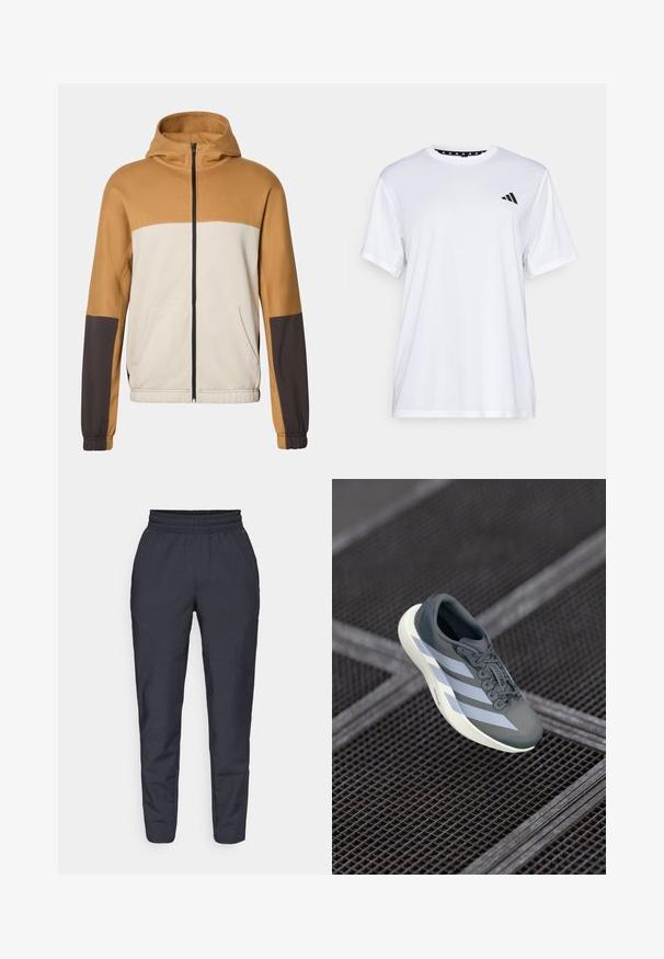 Felpa con cappuccio caratterizzata da un design a blocchi di colore in beige chiaro, marrone e marrone scuro. Chiusura con zip frontale, due tasche laterali e polsini elasticizzati.; Maglietta sportiva bianca a maniche corte, realizzata in tessuto traspirante. Presenta un logo nero sul lato sinistro del petto e un collo interno a fantasia.; Pantaloni tapered blu realizzati in tessuto morbido, con elastico in vita, tasche laterali e una texture liscia con dettagli di cucitura discreti.; Scarpa sportiva grigia e bianca, realizzata in materiale sintetico, con un design aerodinamico, finitura testurizzata e sistema di allacciatura prominente.