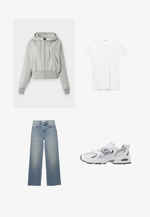 Felpa grigia corta realizzata in tessuto morbido, con zip frontale, cappuccio regolabile con cordino e due tasche frontali con polsini a coste.; T-shirt bianco a maniche corte realizzato in tessuto liscio, caratterizzato da un colletto rotondo e dettagli di cucitura discreti all'orlo.; Jeans a gamba larga di un azzurro chiaro, realizzati in denim, con vita alta, tasche frontali e chiusura con bottone. Texture liscia con zone sbiadite.; Scarpa sportiva bianca con tomaia in mesh, dettagli in blu marino e suola imbottita. Presenta il logo "N", lacci e dettaglio texturizzato sul lato.