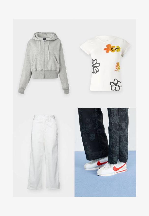 Hanorac scurt gri, realizat dintr-un material moale, cu un fermoar în față, glugă cu șnur și două buzunare frontale cu mansete elastice.; Tricou alb cu mânecă scurtă, decorat cu modele florale colorate în nuanțe de portocaliu, galben și negru. Realizat dintr-un amestec moale de bumbac, cu decolteu în formă de V.; Pantaloni largi albi din bumbac, cu o textură fină, croi drept, buzunare frontale și tiv curat.; Adidași albi Nike cu accente roșii, asortați cu pantaloni negri cu un model floral. Textura este netedă, cu o talpă plată împletită.