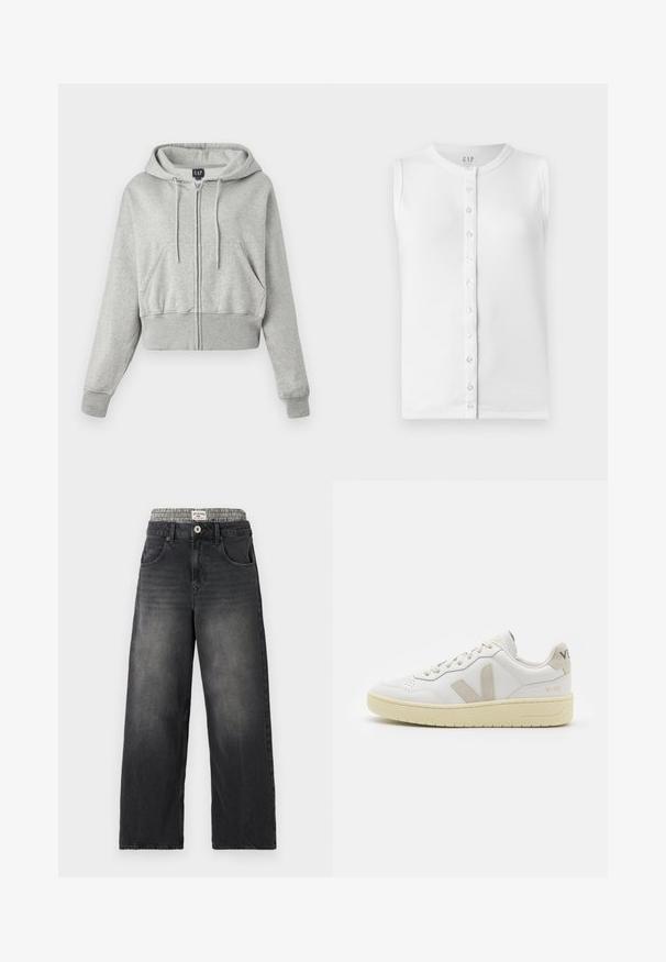 Sudadera corta gris hecha de una tela suave, con una cremallera frontal, capucha con cordón y dos bolsillos frontales con puños acanalados.; Top sin mangas blanco hecho de tela acanalada, con un escote redondo y una parte delantera con botones transparentes.; Vaqueros de mezclilla negra de pierna ancha con una cinturilla de patrón de espiga. Incluye bolsillos frontales y un cierre con botón. Textura desgastada.; Zapatilla de piel blanca con acentos de ante beige, caja de puntera perforada, cordones planos y suela texturizada en color crema. Cuenta con un branding sutil en el talón.