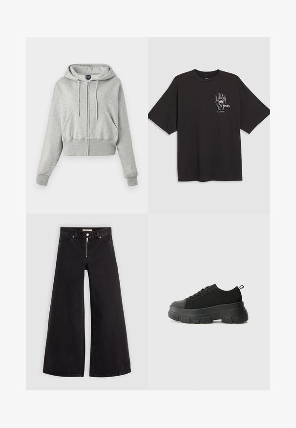 Skrajšani sivi hoodie iz mehke tkanine, ki ima sprednji zadrgo, kapuco s vrvico in dva sprednja žepa z rebrastimi manšetami.; Črna bombažna majica s kratkimi rokavi, s grafiko roke in besedilom "Levi's LA LUNE" v beli barvi na levi prsni območju.; Široke traperice iz črnega denima z zadrgo spredaj, petimi žepi in diskretnimi šivi. Gladka tekstura in ležeren slog.; Črne teniske z debelim gumijastim podplatom, zgornji del iz teksturirane tkanine, okrogla punta in zavezovanje z vrvicami. Vključujejo ojačane luknje za vrvice in zanko na hrbtu.