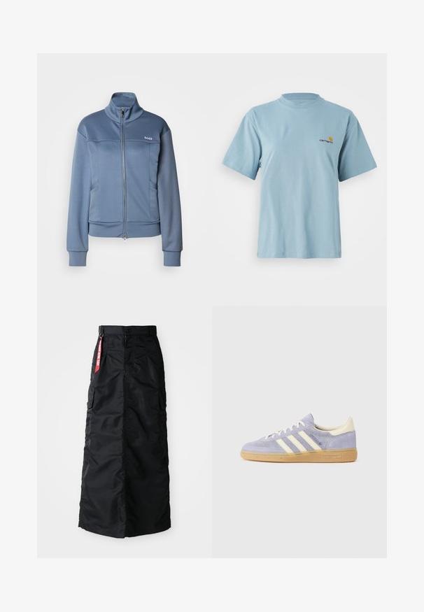 Sinine lukuga jakk, mis on valmistatud pehmest ja siledast kangast. Omab kõrget krae, küljetaskuid ja valget "BOSS" logo rinnal.; Hele sinine lühikeste varrukatega puuvillane T-särk ümmarguse kaelusega ja vasakul rinnal väike kollane ja punane Carhartti logo.; Must muströöm muströöm koos esise nupu ja tõmblukuga, külgmiste cargo-kottidega ning punase "Eemalda enne lendu" kangast sildiga vöökohtadel.; Lilla suede tennis, millel on kolm valget triipu, kummist gummi tallad ja kreemjad aksendid kanna ja keele juures. Minimalistlik disain logodetailiga.