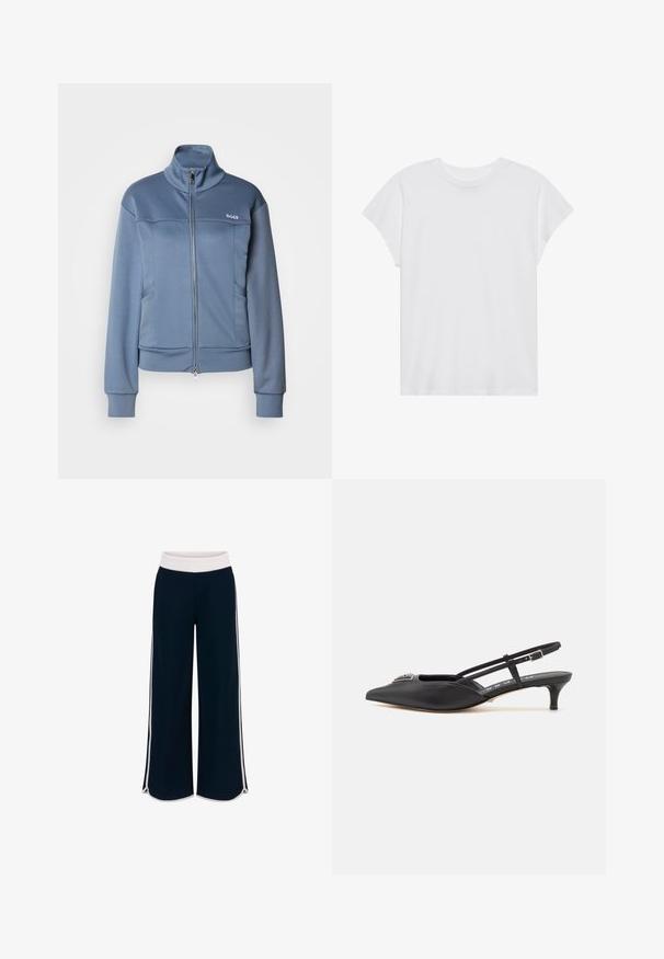 Blå zip-up jakke lavet af et blødt, glat stof. Har en høj krave, sidelommer og "BOSS" logoet i hvidt på brystet.; Hvid kortærmet t-shirt med rund hals, afslappet pasform, lavet af blødt bomuldsstof. Glat tekstur, ingen mønstre eller logoer.; Mørkeblå vid benbukser med hvid elastisk talje og kontrasterende sidestrokes. Glat tekstur med løs pasform og slidser i kanten.; Sorte slingback-sko med spids tå, lavet af glat materiale, med en lille hæl og en dekorativ sølvaccent på vamps.
