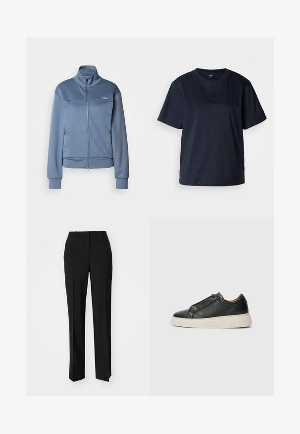 Sininen vetoketjullinen takki, joka on valmistettu pehmeästä ja sileästä kankaasta. Ominaisuuksiin kuuluu korkea kaulus, sivutaskut ja valkoinen "BOSS"-logo rinnassa.; T-paita tummansinisestä pehmeästä puuvillasta, lyhyet hihat. Pyöristetty pääntie ja hillitty brodeerattu logo rinnassa.; Mustat räätälöidyt housut suoraa lahjetta, joissa on sileä pinta ja terävät taitteet edessä. Ei näkyvää metalliosaa.; Mustat matalavartiset nahkakengät, joissa on paksu valkoinen pohja, nauhakiinnitys ja minimaalinen ompelu yksinkertaisella vaalealla taustalla.