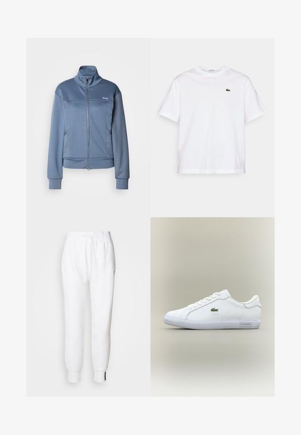 Chaqueta azul con cremallera, hecha de una tela suave y lisa. Cuenta con un cuello alto, bolsillos laterales y el logo "BOSS" en blanco en el pecho.; Camiseta de algodón blanca con cuello redondo y mangas cortas. Presenta un logotipo bordado en verde en el pecho. Tejido suave, corte relajado.; Pantalones jogger blancos con cintura elástica y cordón, que cuentan con bolsillos laterales y puños acanalados. Tela suave con detalle de logo bordado.; Zapatilla baja blanca con cordones blancos, logo de cocodrilo verde en el lateral y etiqueta "Lacoste" en la suela, sobre un fondo neutro.