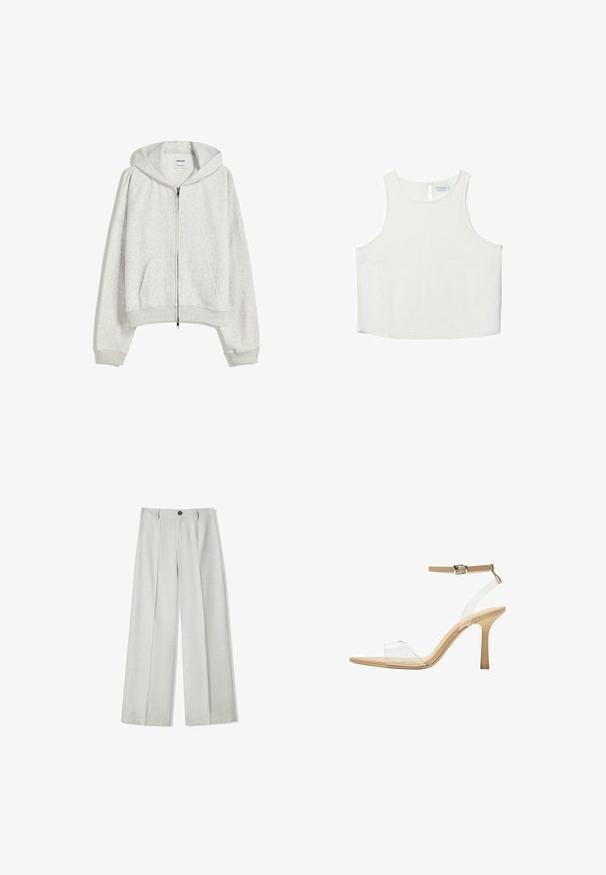 Svetlosivá skrátená mikina so zipsom vyrobená z mäkkej látky; má veľkú kapucňu a rebrované manžety a spodný lem; obsahuje bočné vrecká.; Biele bezrukávové tričko s okrúhlym výstrihom, ktoré má jemnú textúru, detail s kľúčovou dierkou na chrbte a rovný lem.; Svetlosivé široké nohavice vyrobené z textúrovaného materiálu, s gombíkovým zapínaním a dvoma záhybmi vpredu pre dodatočný detail.; Priehľadné sandále na vysokom podpätku s transparentným zvrškom, béžovou stielkou a štíhlym remienkom na členku. Majú špicatú špičku a tenký vysoký podpätok.