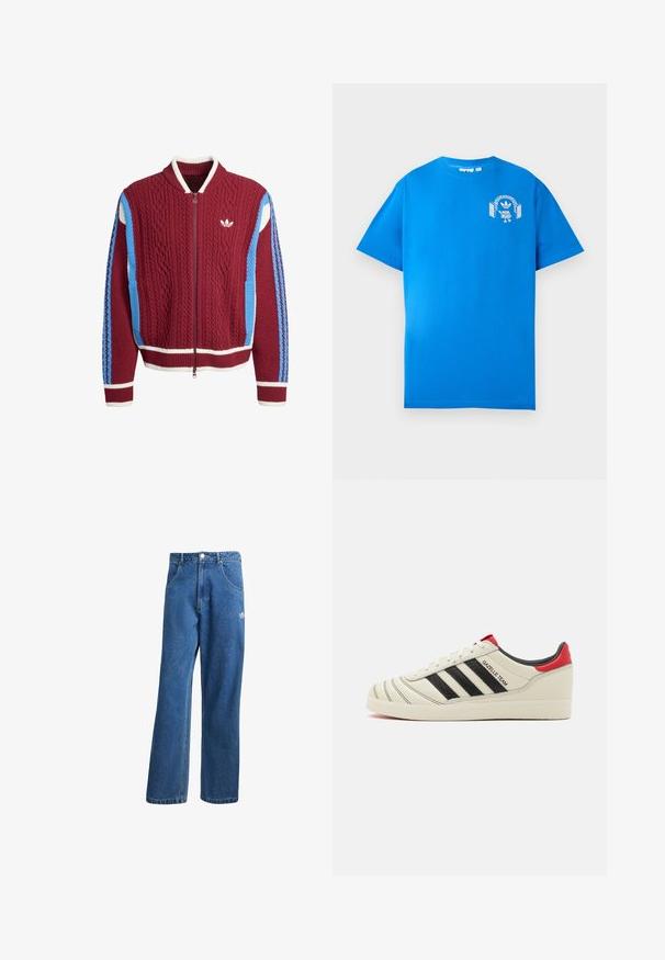 Μαρόν πλεκτό ζακέτα με φερμουάρ, λευκό γιακά και ρίγες στο τελείωμα, μπλέ και λευκά στοιχεία στο πλάι και στα μανίκια, και μικρό λευκό λογότυπο Adidas μπροστά.; Μπλε βαμβακερό μπλουζάκι κοντομάνικο. Διαθέτει μια λευκή γραφιστική σχεδίαση στο μπροστινό μέρος, που απεικονίζει έναν χαρακτήρα με ακουστικά και μια αψίδα.; Μπλε τζιν παντελόνι με ψηλή μέση, φαρδιά μπατζάκια, μπροστινές τσέπες, θηλιές ζώνης, κλείσιμο με κουμπί και μικρό λογότυπο Adidas στο δεξί μηρό.; Κρέμ δερμάτινα αθλητικά παπούτσια με μαύρες ρίγες, κόκκινες λεπτομέρειες στη φτέρνα και υφασμάτινες επιφάνειες. Διαθέτουν καουτσούκ σόλα και κούμπωμα με κορδόνια.