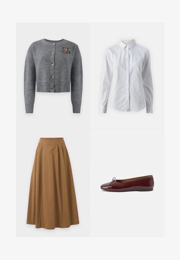 Grå strikket cardigan med rund hals, ribbestrikket kant, fem knapper, og et brodert bjørnedetalj på venstre side.; Hvit skjorte med knapper laget av glatt bomull, med klassisk krage, lange ermer og buet skjær. Knapper er små og hvite.; Brun bomull A-linje skjørt med høy midje, med folder foran og en jevn tekstur. Kantene er rene og enkle.; Burgunderrød lakk lær ballettleilighet med rund tå, liten sløyfe foran og en lav, svart gummisåle. Glatt tekstur.