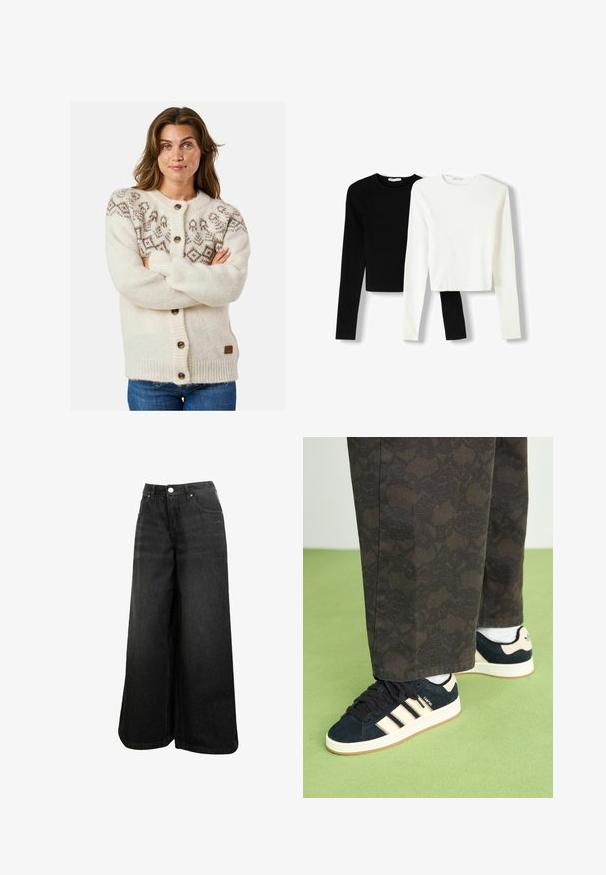 Cream-colored knitted cardigan with a patterned yoke in brown. Features wooden buttons and ribbed cuffs and hem. Soft texture.; Two long-sleeve cropped tops, one black and one white, made of a smooth fabric with round necklines and a fitted design.; Black wide-leg denim jeans with high waist, front button, pockets, and subtle logo on front pocket.; Black and patterned trousers paired with navy suede sneakers featuring cream stripes and white soles. Surfaces shown are textured and flat.