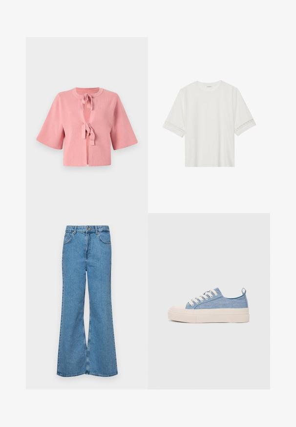 Lühike roosa ribakoonuses kardigan ümmarguse kaelusega, suurte kellukese varrukatega ja eesmise lipsuga sulgemisega. Tekstuuriga kangas sileda pinnaga.; Valge lühikese varrukaga T-särk, mis on valmistatud puuvillast, kaunistatud pitsiga varrukate ääres ja ümmarguse kaelusega.; Heledad sinine flared teksade rõivad, millel on kõrge talje, viis taskut ja üks nupulukk. Pehme tekstuur ja pleekinud viimistlus.; Heledad sinised kangast tennisekingad koorevärvi kummist varbakatte ja taldaga, millel on valged paelad ja tõmblukk kandadel.