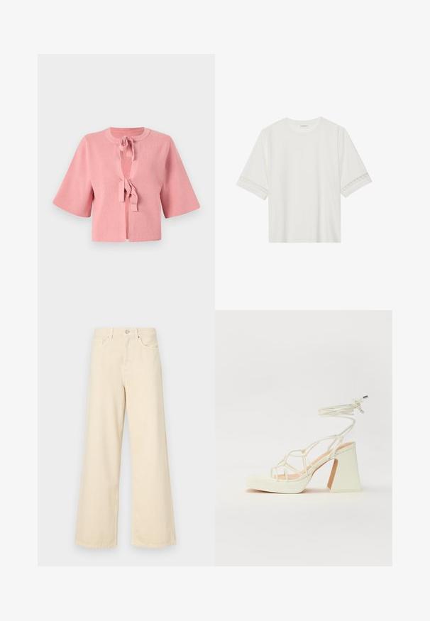 Short pink ribbed cardigan with a round neck, large bell sleeves, and a front tie closure. Textured fabric with a smooth finish.; White short-sleeve t-shirt made from cotton, featuring decorative lace trim along the sleeves and a round neckline.; Beige wide-leg jeans made of cotton. Features a button closure, belt loops, and front pockets with a smooth, soft texture.; White high-heeled sandal with a chunky heel, featuring a strappy design and ankle tie. Smooth texture with a platform front for added height.