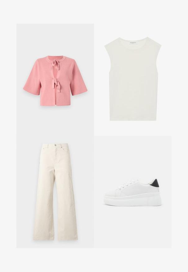 Kurze pinke, gerippte Strickjacke mit Rundhalsausschnitt, großen Glockenärmeln und einem Vorderteil mit Bindeband. Strukturiertes Material mit glatter Oberfläche.; Weißes ärmelloses Top mit rundem Ausschnitt. Hergestellt aus glattem Stoff, hat es einen lässigen Schnitt und minimalistisches Design. Keine Muster oder Akzente.; Beige weite Baumwollhose mit frontaler Knopfverschluss, Seitentaschen und glatter Textur. Minimalistisches Design ohne Muster.; Weiße Plateausneaker aus glattem Kunstmaterial, mit runder Zehenform, Schnürdesign und einer strukturierten Gummisohle. Schwarzer Fersenakzent.