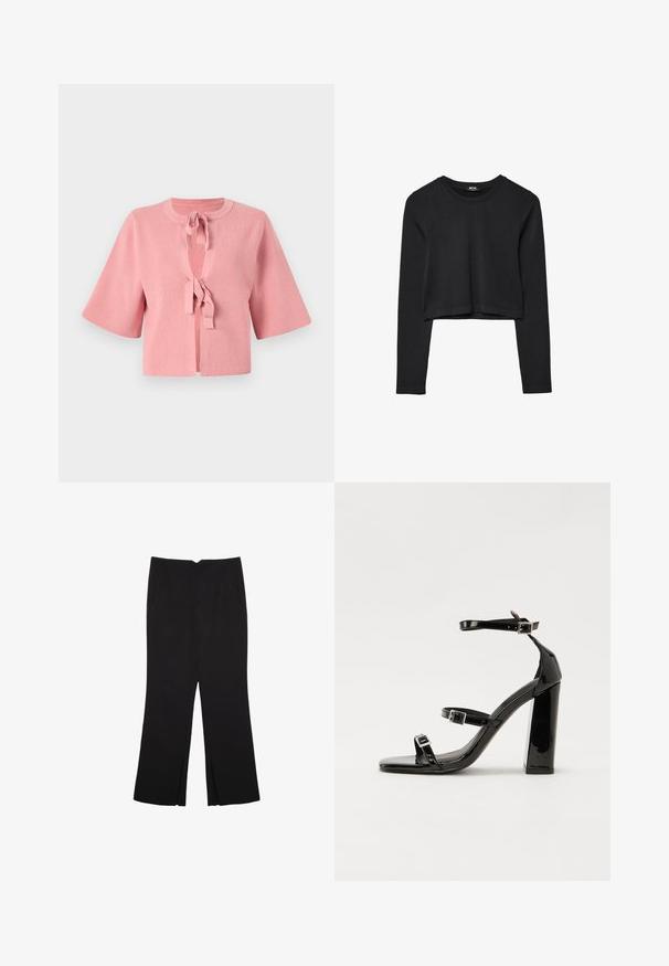 Kurze pinke, gerippte Strickjacke mit Rundhalsausschnitt, großen Glockenärmeln und einem Vorderteil mit Bindeband. Strukturiertes Material mit glatter Oberfläche.; Schwarzes, langärmliges, kurz geschnittenes Oberteil mit Rundhalsausschnitt, schlichter Gestaltung und leicht abgerundetem Saum.; Schwarze Hose mit geradem Schnitt, ausgestattet mit Fronttaschen und Seitenschlitzen am Saum. Hergestellt aus weichem, glattem Stoff. Geeignet für verschiedene Anlässe.; Schwarze Lackleder-Sandalen mit hohen Absätzen, zwei Riemen mit Schnallen, quadratischer Zehenpartie und klobigem Blockabsatz, mit einer glatten, glänzenden Textur.