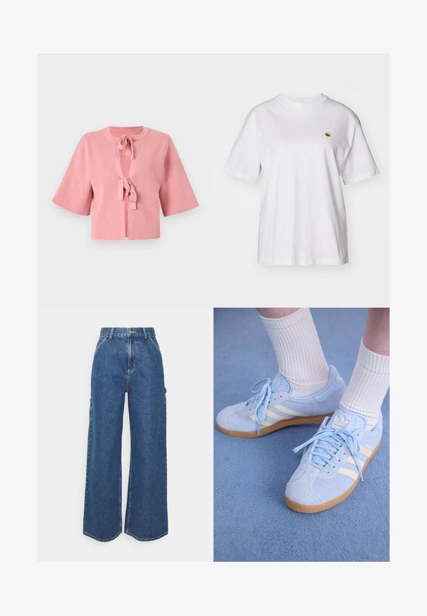 Krátky ružový rebrovaný kardigán s okrúhlym výstrihom, veľkými zvonovými rukávmi a predným viazaním. Textúrovaná tkanina s hladkým povrchom.; Biely bavlnený tričko s voľným strihom, krátkymi rukávmi a malým vyšitým logom na ľavej strane hrude.; Dlhé modré džínsy so širokými nohavicami a vysokým pásom, s kontrastným prešívaním a bočnými vreckami, s klasickým dizajnom piatich vreciek a surovými lemami.; Svetlo modré semišové tenisky s bielymi pruhmi, plochými šnúrkami a gumenou podrážkou. Nad členkami sú nosené rebrované biele ponožky.