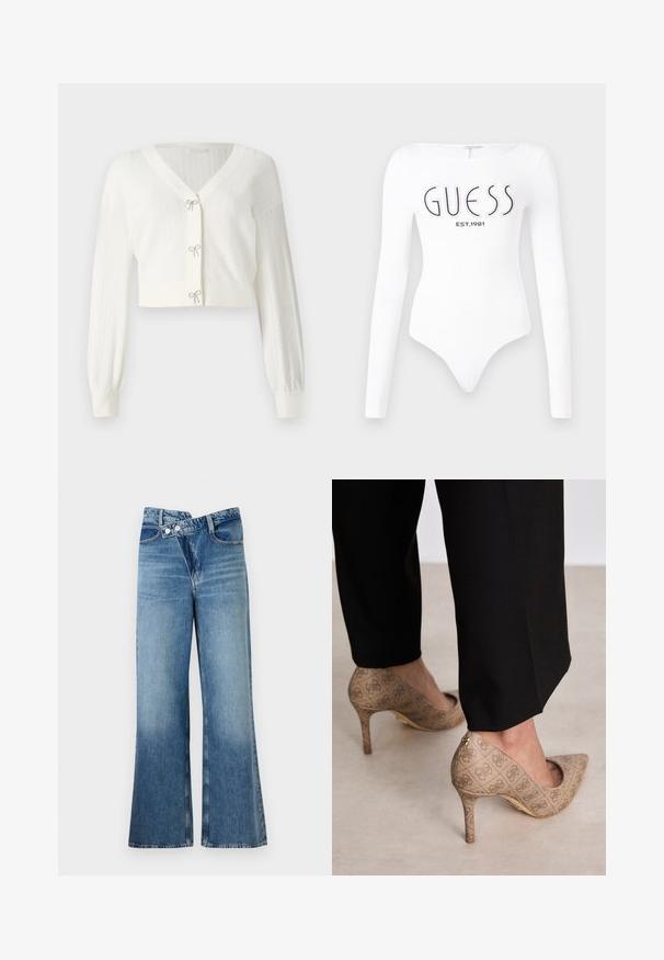 Fehér, rövidített kardigán, texturált kötött anyagból, hosszú puff ujjal és díszes masnikkal az elülső záródásoknál.; Hosszú ujjas, fehér body, kerek nyakkivágással. Elöl a "GUESS" logó és az "EST.1981" felirat fekete színben látható. Sima textúrával rendelkezik.; Világoskék, harang szabású farmernadrág magas derékkal, két gombbal és elülső zsebekkel. Az anyag megjelenése kopott, apró eltérésekkel.; Beige magassarkú cipők texturált anyagból, ismétlődő mintával. Hegyes orrú kialakítás, hátsó díszítéssel és arany sarkú részlettel.