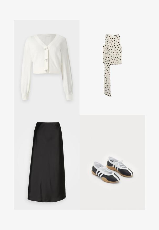 Biely skrátený kardigán z textúrovanej pleteniny, s dlhými puff rukávmi a dekoratívnymi mašľami na predných zapínaniach.; Mango ADELA - Top - off-white; Čierna saténová midi sukňa so hladkou textúrou, do tvaru A a s jemným leskom. Má elegantný, jednoduchý dizajn bez ozdôb.; Čierne a biele športové topánky s elegantným dizajnom, gumovou podrážkou, šnurovaním a tromi bielymi prúžkami na bokoch.