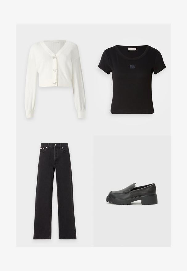 White cropped cardigan made of textured knit, featuring long puff sleeves and decorative bows at the front fastenings.; Black, short-sleeve t-shirt with a ribbed texture, featuring a small logo patch on the chest and a rounded neckline.; Black wide-leg jeans made of denim, featuring a high-rise waist, five-pocket styling, and a metal button closure with contrasting stitching.; Black leather loafers with a rounded toe, thick textured sole, and minimal stitching details. Sleek design with no visible laces or hardware.