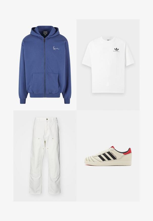 Plavi dukserica s patentnim zatvaračem izrađena od mekanog materijala, s prednjim džepovima, rebrastim rukavima i elastičnom gumicom u struku. Ima mali bijeli logotip na prsima.; Bijela pamučna majica s kratkim rukavima, s crnim logotipom "BASKETBALL" i ikoničnim dizajnom s tri pruge sprijeda.; Bijele pamučne cargo hlače s opuštenim krojem. Značajke uključuju prednje džepove, zlatne detalje i ojačane dijelove koljena.; Kremaste kožne tenisice s crnim prugama, crvenim detaljima na petama i teksturiranim elementima. Imaju gumeni đon i vezanje na vezice.