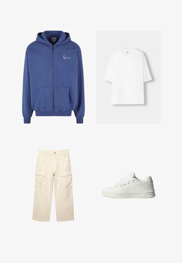 Modrá mikina na zip vyrobená z měkké tkaniny, s předními kapsami, žebrovanými manžetami a elastickým pasem. Obsahuje malé bílé logo na hrudi.; Bílá krátkosrstá tričko s krátkým rukávem vyrobené z bavlny, se zaobleným výstřihem a volným střihem. Hladká textura, bez viditelných vzorů nebo akcentů.; Beige cargo kalhoty vyrobené z bavlny, s dvěma bočními kapsami, rovnými nohavicemi a prošívanými detaily. Vypadají lehce a odolně.; Bílé tenisky s hladkým koženým povrchem, polstrovaným jazykem, plochými tkaničkami a texturovanými akcenty na bocích a patě.