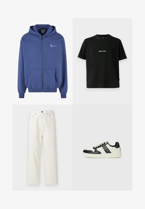 Felpa con zip blu realizzata in tessuto morbido, dotata di tasche frontali, polsini a costine e vita elastica. Presenta un piccolo logo bianco sul petto.; T-shirt in cotone nero con maniche corte, caratterizzato da una scritta bianca ricamata "Original Studio" sul petto e un collo rotondo.; Jack & Jones JPSTALEX ORIGINAL - Jeans baggy - antique white; Sneakers in pelle con una combinazione di colori nero e crema, dotati di dettagli perforati, collare imbottito e suola testurizzata.