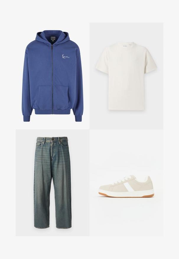 Kék, cipzáras kapucnis pulcsi puha anyagból, elülső zsebekkel, bordázott mandzsettákkal és rugalmas derékpánttal. A mellkason egy kis fehér logó található.; Fehér, rövid ujjú póló bordázott textúrával. Kerek nyakkivágás, laza szabás, nincs látható minta vagy díszítés. Egyszerű és sokoldalú dizájn.; Világoskék farmernadrág, laza fazonnal, közepes derékbőséggel és egyenes szárral. Öt zsebet, övbucskát és gombos záródást tartalmaz.; Beige színű sneaker fehér részletekkel, velúr textúrával, lekerekített formával, fűzős kialakítással és kontrasztos gumitalp alkalmazásával.