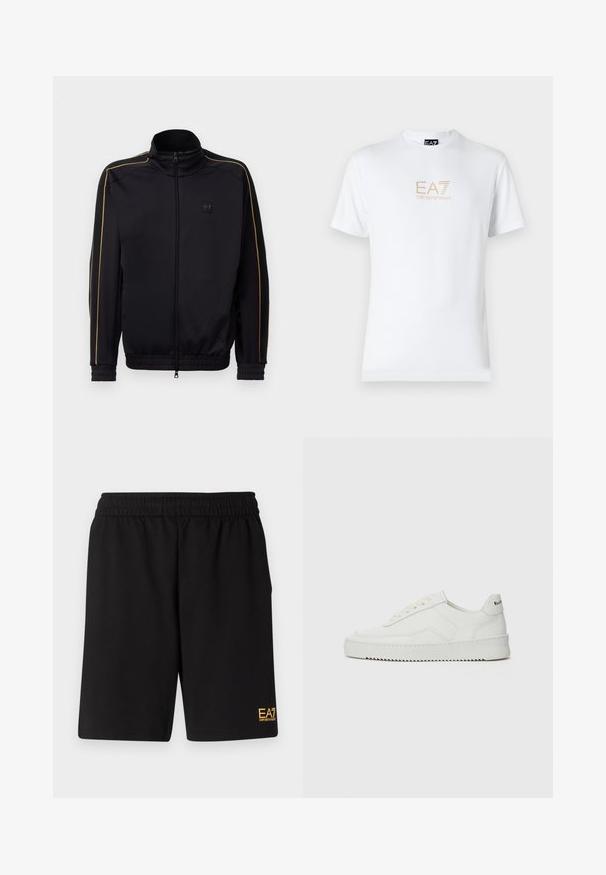 Jachetă de trening neagră cu fermoar, cu detalii aurii pe mâneci și umeri, cu manșete și tiv elastic, și un mic logo EA7 pe piept.; Tricou alb din bumbac, cu guler rotund și mâneci scurte, având un logo auriu EA7 Emporio Armani imprimat pe față.; Shorts atletici negri dintr-un material moale, având o talie elastică și un mic logo galben EA7 pe partea inferioară a piciorului stâng.; Sneakers din piele albă cu un finisaj neted, vârf rotund, șireturi plate și o talpă texturată. Prezintă un logo subtil pe călcâi.