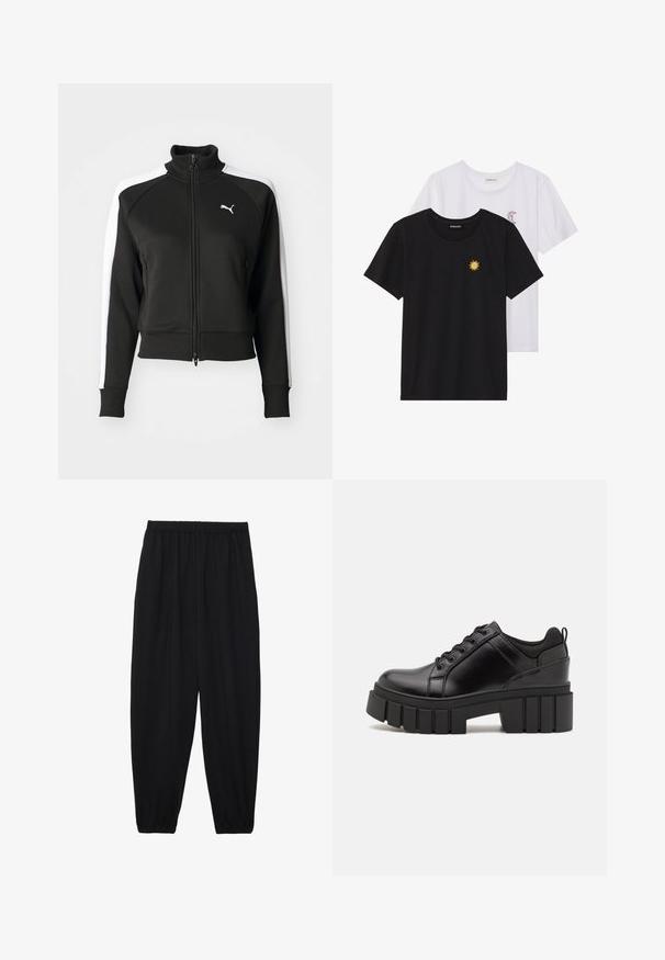 Must mustris obliko kaelusega musta värvi jakki, millel on valged külgpaneelid ja väike valge logo rinna piirkonnas. Ribiga varrukate ja servadega.; Mustvalged ja valged T-särgid, ümar kaelus, lühikesed varrukad. Must särgile on tikitud kollane päike; valgel särgil on lillakate poolkuu aktsent.; Mustad, kerge kangas püksid elastse vöökoha ja kokku volditud pahkluudega. Kanga pind on sile ja disain on lõdvestunud, kitsenev.; Must musta platvormsussid paksu plokkninal, ümmarguse varbaga ja traditsioonilise nööridega kinnitamisega. Sussid on sileda tekstuuriga ja minimaalsete detailidega.