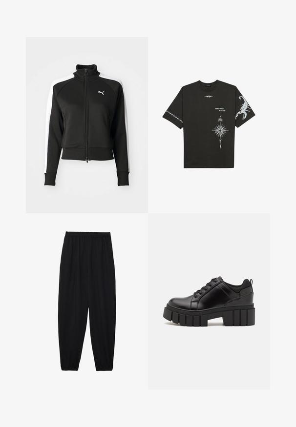 Svart zip-up jacka med hög krage, med vita sidpaneler och en liten vit logotyp på bröstet. Ribbad mudd och nederkant.; Svart bomullströja med vita grafiska tryck, inklusive en skorpion och abstrakta mönster. Kortärmad; rund halsringning.; Svarta, lätta byxor med elastisk midja och samlade ankleder. Tyget är slätt och har en avslappnad, avsmalnande design.; Svarta läderplattformsskor med en kraftig blockklack, rund tå och traditionell snörningsdesign. Har en slät textur och minimal detaljering.