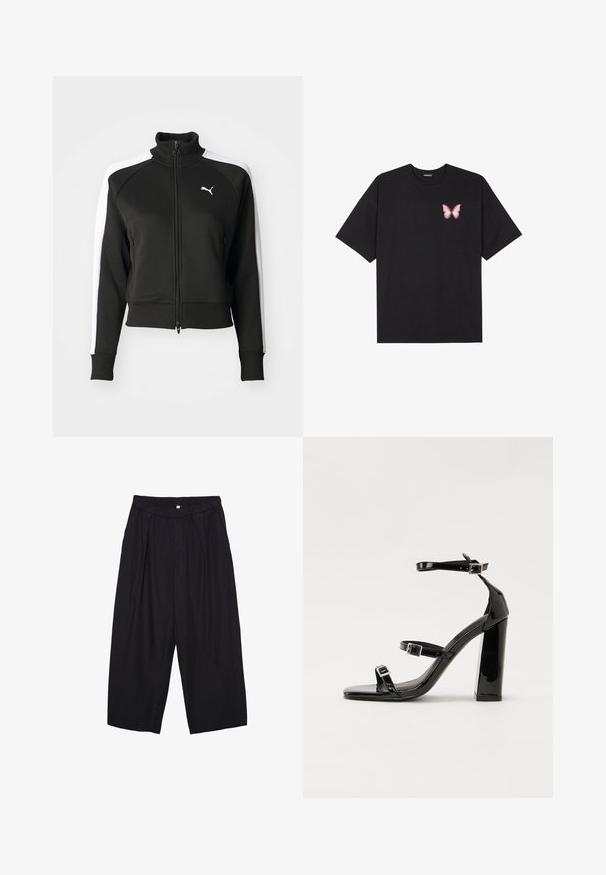 Schwarze Zip-Jacke mit hohem Kragen, ausgestattet mit weißen Seitenpaneelen und einem kleinen weißen Logo auf der Brust. Rippbündchen und Saum.; Schwarzes Baumwoll-T-Shirt mit kurzen Ärmeln, das ein kleines pinkes Schmetterlingsmotiv auf der linken Brust zeigt. Crewneck-Design mit einem entspannten Schnitt.; Schwarze Polyester-Culotte mit einem elastischen Bund, zwei vorderen Falten und einer lockeren Silhouette. Keine sichtbaren Muster oder Hardware-Details.; Schwarze patentierte Sandalen mit Absatz, quadratischer Spitze, Knöchelriemen und silbernen Schnallen. Mit einem stabilen Blockabsatz für mehr Stabilität.