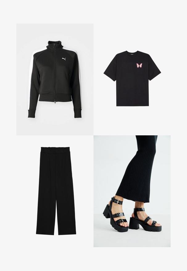 Zwarte zip-up jas met hoge kraag, voorzien van witte zijpanelen en een klein wit logo op de borst. Geribde manchetten en onderrand.; Zwarte katoenen t-shirt met korte mouwen, voorzien van een kleine roze vlinder graphic op de linkerkant van de borst. Crew neck ontwerp met een relaxte fit.; Zwarte wijde broek met een gerimpelde tailleband, voorzien van twee zijzakken en een soepele, lichte stof. Geen zichtbare patronen of hardware.; Zwarte platform sandalen met dikke, grofgevormde zolen en meerdere bandjes, voorzien van metalen gespen en een gladde leerachtige textuur.