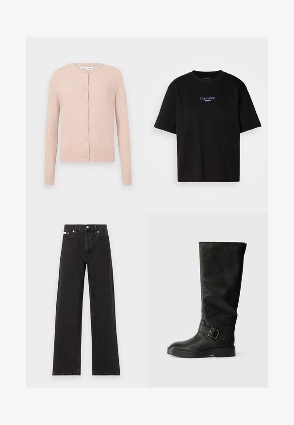 Világos rózsaszín kardigán, puha anyagból készült, kerek nyakkivágással, öt gombbal az elején, bordázott mandzsettákkal és aljjal.; Fekete pamut póló kerek nyakkal, rövid ujjú, elöl kék hímzett "Calvin Klein JEANS" logóval.; Fekete, bőszárú farmernadrág, magas derekú, öt zsebes kialakítással és fém gombos záródással, kontrasztos varrással.; Fekete, térdig érő csizmák, sima bőrből, lekerekített orral, vastag talppal és egy vízszintes pánttal, amely téglalap alakú csat részlettel rendelkezik.