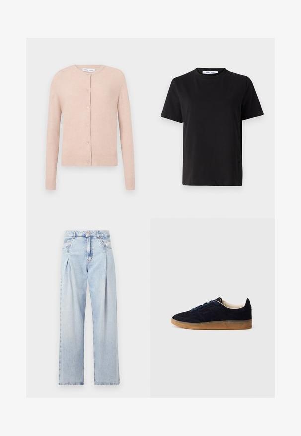 Lys rosa cardigan laget av mykt materiale, med rund hals, fem knapper foran og ribbede ermer og nederkant.; Svart kortermet t-skjorte laget av myk bomull, med rund hals, avslappet passform og en jevn tekstur. Ingen synlige mønstre eller grafikk.; Lyseblå denimjeans med høy livlinje, vide ben, to sidelommer og plisserte detaljer. Myk tekstur med en falmet finish.; Navy blå semsket sneakers med såle av gummikaramell, blå lisser og minimalistisk design. Har preget logo på siden og glatt innerfôr.