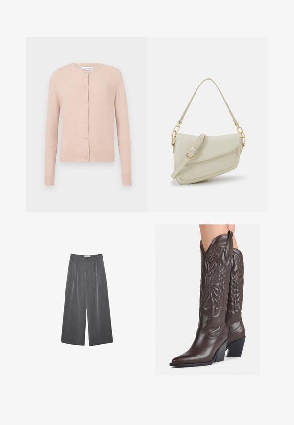Helles rosa Cardigan aus weichem Material, mit rundem Halsausschnitt, fünf Knöpfen auf der Vorderseite sowie gerippten Bündchen und Saum.; Weißes ärmelloses Tanktop aus geripptem Stoff, mit rundem Ausschnitt und figurbetonter Silhouette, minimalen Nähten und ohne Verzierungen.; Faltenhose mit weitem Bein aus einem dunkelgrauen Stoff mit subtiler Textur. Verfügt über einen Knopfverschluss und ein klassisches Design des Bunds.; Braune Leder-Cowboy-Stiefel mit spitzem Punkt und Blockabsatz, die über detaillierte Stickereien und hervorgehobene Akzente am Schaft verfügen.; Kleine cremefarbene Handtasche mit strukturiertem Finish, einem langen verstellbaren Tragegurt, einem Kettenakzent und einem Klappenverschluss. Goldene Hardware-Details.