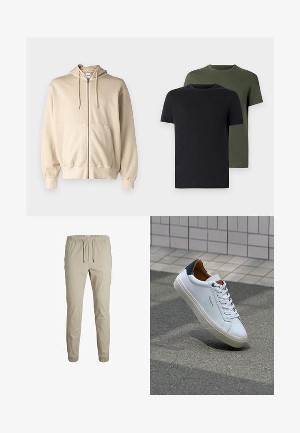 Jack & Jones JJECHARGE OVERSIZE FADED ZIP HOODIE - Majica s kapuljačom i patentnim zatvaračem - humus; Dva majica s okruglim izrezom u crnoj i maslinastoj boji, napravljena od mekanog pamučnog materijala. Dizajn je jednostavan s kratkim rukavima i ravnim krojem.; Bež joggerice suženog kroja s elastičnom waistbandom, vezicom i manžetama na gležnjevima, napravljene od mekanog materijala. Karakteriziraju ih glatka tekstura i minimalistički dizajn.; Bijela kožna tenisica s mornarskom petom, okruglim vrhom i kontrastnim smešnim akcentima. Sadrži ravne vezice i teksturiranu gumenu potplat.