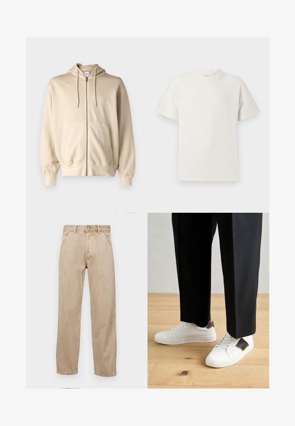 Jack & Jones JJECHARGE OVERSIZE FADED ZIP HOODIE - Jaka ar rāvējslēdzēju - humus; Balta krūštura īsām piedurknēm ar ribota auduma faktūru. Apaļš kakla izgriezums, brīvs griezums, bez redzamām rakstām vai akcentiem. Vienkāršs un daudzpusīgs dizains.; Beige džinsi ar taisnu kāju dizainu, ar priekšējiem kabatām, metāla pogu aizdari un smalku faktūru.; Baltā pārsoļa apavi ar gludu tekstūru, papildināti ar brūniem ādas akcentiem un melniem elementiem, savienoti ar melnām pielāgotām biksēm. Koka grīdas fons.