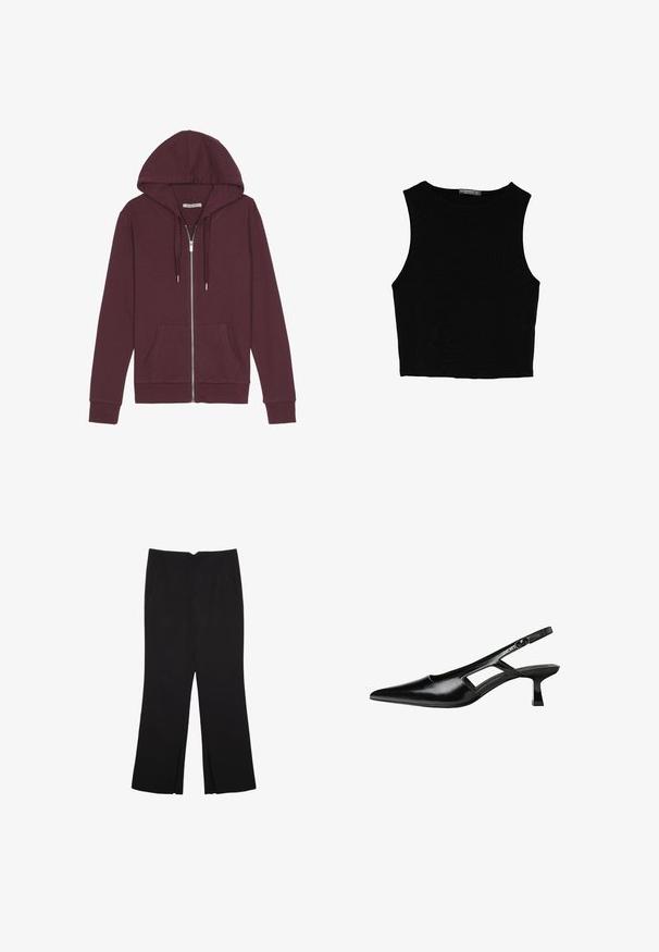 Bordový zipsový mikina s kapucňou a sťahovacou šnúrkou, dvomi prednými vreckami, pružnými manžetami a hladkou textúrou látky.; Čierny bezrukávový crop top vyrobený z hladkej tkaniny, so zaobleným výstrihom a čistým, jednoduchým dizajnom bez vzorov alebo kovania.; Čierne nohavice so strihom rovného strihu, s prednými vreckami a bočnými rozparkami na leme. Vyrobené z mäkkej, hladkej tkaniny. Vhodné na rôzne príležitosti.; Čierne lakované kožené lodičky na podpätku s špicatou špičkou, výrezovým dizajnom na boku a malým štvorcovým podpätkom. Hladký povrch s minimálnymi akcentmi.