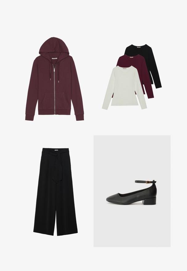 Burgundiškas zip-inis hoodie su raišteliu ant kapšo, dviem priekinėmis kišenėmis, raibščių rankovėmis ir lygiu audinio tekstūru.; Ilgomis rankovėmis marškiniai baltos, bordo ir juodos spalvos. Pagaminti iš minkštos medžiagos, su apvaliu iškirpimu ir prigludusia forma. Tinka sluoksniavimui.; Juoda plačių kojų kelnės, pagamintos iš tekstūruoto audinio, su elastingu juosmeniu ir atsegamu diržu juosmenyje, leidžiančiu reguliuoti dydį.; Juodas odinis aukštakulnis batelis su smailiu pirštu ir žemu bloku. Su kulkšnies dirželiu su auksinės spalvos sagtimi. Lygus paviršius.