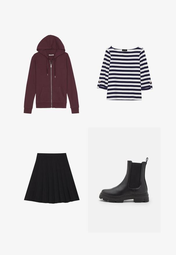 Casaco com fecho éclair na cor bordô, com capuz ajustável por cordão, dois bolsos frontais, punhos canelados e uma textura de tecido suave.; Top de manga longa às riscas azul-marinho e branco, com decote em barco e detalhes em botões dourados nas mangas com dobra. Tecido suave, ajuste descontraído.; Saia preta plissada feita de tecido texturizado com uma faixa na cintura ajustada. Cai até ao joelho, apresentando uma silhueta suave e limpa.; Bota de tornozelo em couro preto com painéis laterais elásticos, bico arredondado e sola de borracha texturizada. Apresenta uma alça na parte traseira para fácil calçar.