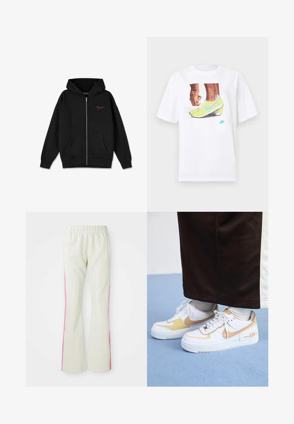 Black zip-up hoodie featuring a front pocket, ribbed cuffs, and an embroidered pink logo on the left chest. Made of soft fabric.; White cotton t-shirt featuring a graphic of feet in yellow Nike cleats with blue accents, paired with a bracelet on the left wrist.; Light beige pants with an elastic waistband, featuring pink side panels and side pockets. Smooth texture with a straight-leg design.; White leather sneakers with gold accents, featuring a perforated toe, flat laces, and a thick rubber sole with the "AIR" logo on the side.